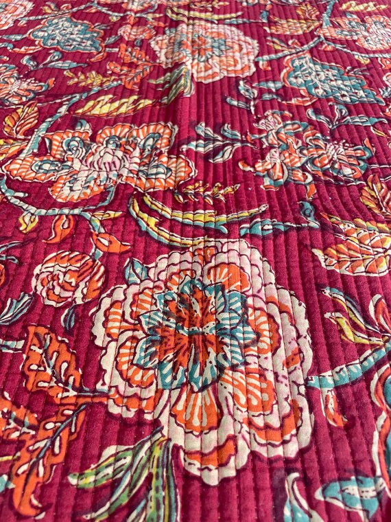 Indian Cotton Quilted Fabric: Maroon Floral Print, Jacket/Tote Material