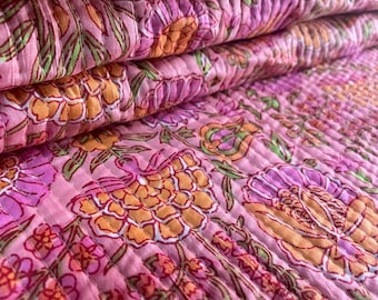Quilted Floral Cotton Fabric: Peach Indian Block Print Dressmaking
