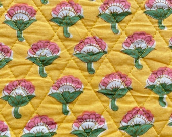 Yellow Floral Quilted Fabric: Block Printed Cotton, 40" Wide