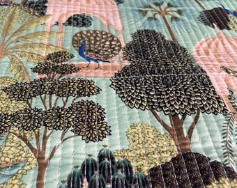 Floral Quilted Cotton Fabric: Sea Green Winter Jacket Material, Handmade in India