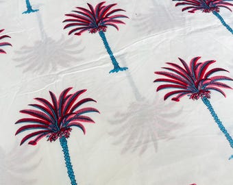 Handmade Palm Tree Print Cotton Fabric, Pink White, By The Yard