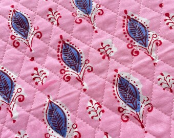 Pink Floral Quilted Cotton Fabric: Indian Block Print, By The Yard