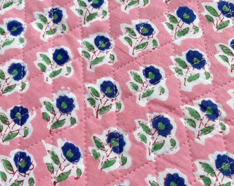 Indian Block Print Quilted Cotton Fabric: Pink Floral Print, 40" Wide