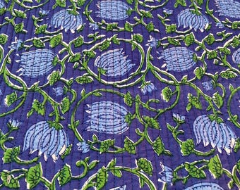 Blue Floral Print Quilted Cotton Fabric: Indian Block Print, By The Yard