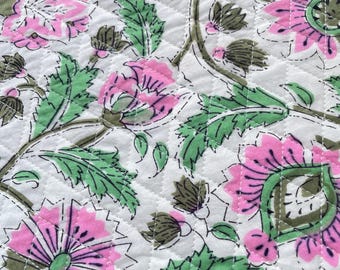 Handmade Floral Quilted Fabric: Indian Block Print Cotton