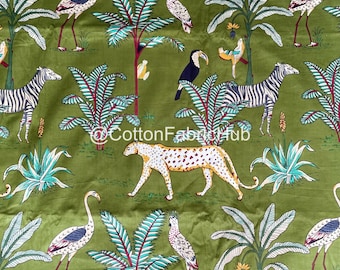 Jungle Print Cotton Fabric: Handmade Green Tropical Decor By The Yard