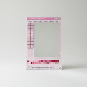 May include: A pink and white decorative art piece designed to resemble a computer program interface. The text includes "untitled - MagicDraw", "Dreams Sparkle Magic Twinkle Rainbow Fairy", and "Click 'Fairy' to unlock your enchanted tips!".