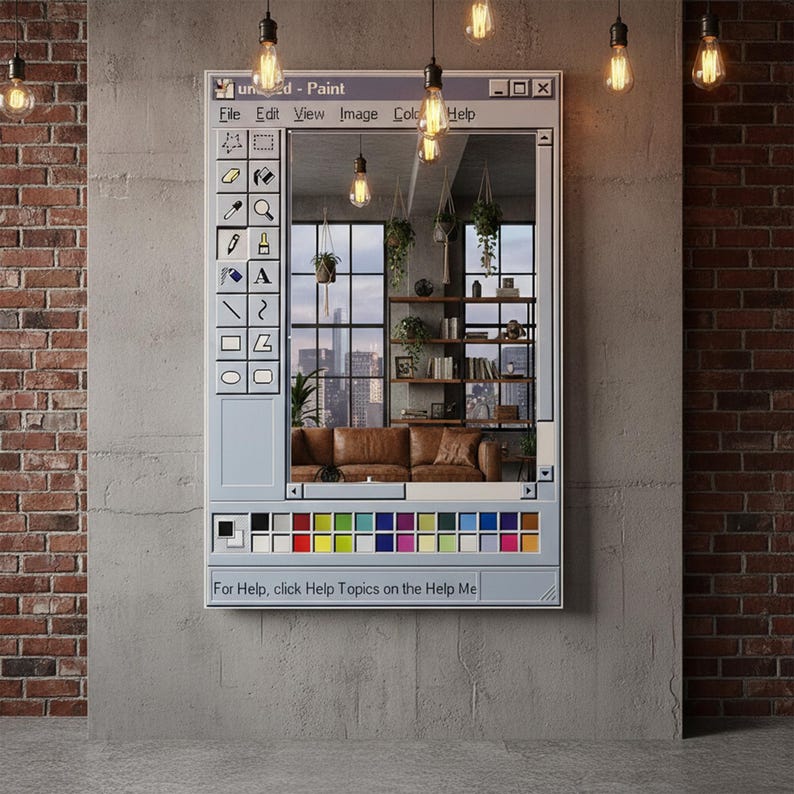 Op de afbeelding: Een spiegel ontworpen als de klassieke Windows Paint-applicatie. De lijst is lichtblauw, met een werkbalk en kleurenpalet. De reflectie toont een woonkamer met een bruine leren bank, boekenplanken en hangende planten. De tekst "und - Paint" is zichtbaar.