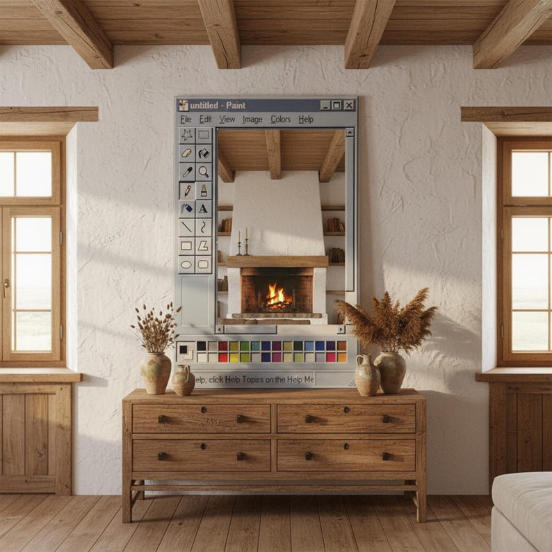 Op de afbeelding: Een houten dressoir met zes lades, bekroond met vazen en een spiegel. De spiegel is ontworpen als een Windows Paint-programmavenster, dat een open haard weerspiegelt. De tekst "untitled - Paint" is bovenaan zichtbaar.
