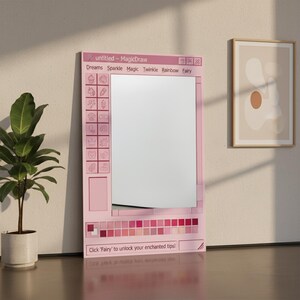 May include: A pink framed mirror designed to resemble a computer window, with the text "untitled - MagicDraw" at the top. The mirror has a grid of icons on the left and a color palette at the bottom. The text "Dreams Sparkle Magic Twinkle Rainbow Fairy" is also visible.