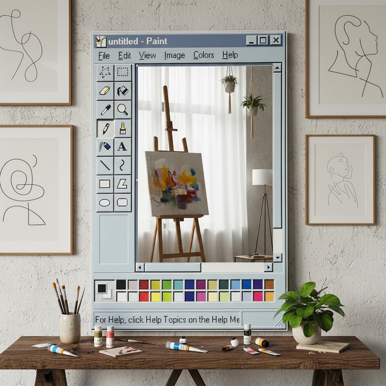 Op de afbeelding: Een spiegel ontworpen als een vintage computer paint programma venster. De spiegel reflecteert een kunststudio met een schildersezel, schilderij en benodigdheden op een houten tafel. De tekst "untitled - Paint" is zichtbaar.