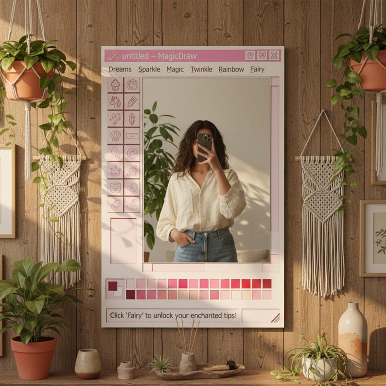 May include: A pink-framed mirror with a computer-like interface, featuring the text "untitled - MagicDraw" and options like "Dreams" and "Fairy." The mirror reflects a person holding a phone. The text "Click 'Fairy' to unlock your enchanted tips!" is at the bottom.
