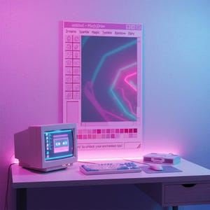 May include: A retro computer setup with a white monitor, keyboard, and mouse on a desk. A large screen displays a neon geometric design. The text "untitled - MagicDraw" and "Dreams Sparkle Magic Twinkle Rainbow Fairy" are visible.