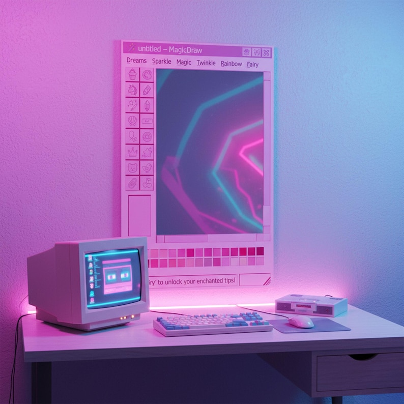 May include: A retro computer setup with a white monitor, keyboard, and mouse on a desk. A large screen displays a neon geometric design. The text "untitled - MagicDraw" and "Dreams Sparkle Magic Twinkle Rainbow Fairy" are visible.