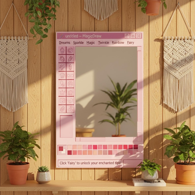 May include: A pink framed mirror with the text "untitled - MagicDraw" and the words "Dreams Sparkle Magic Twinkle Rainbow Fairy". The mirror has a grid of icons and a color palette at the bottom. The text "Click 'Fairy' to unlock your enchanted tips!" is also visible.