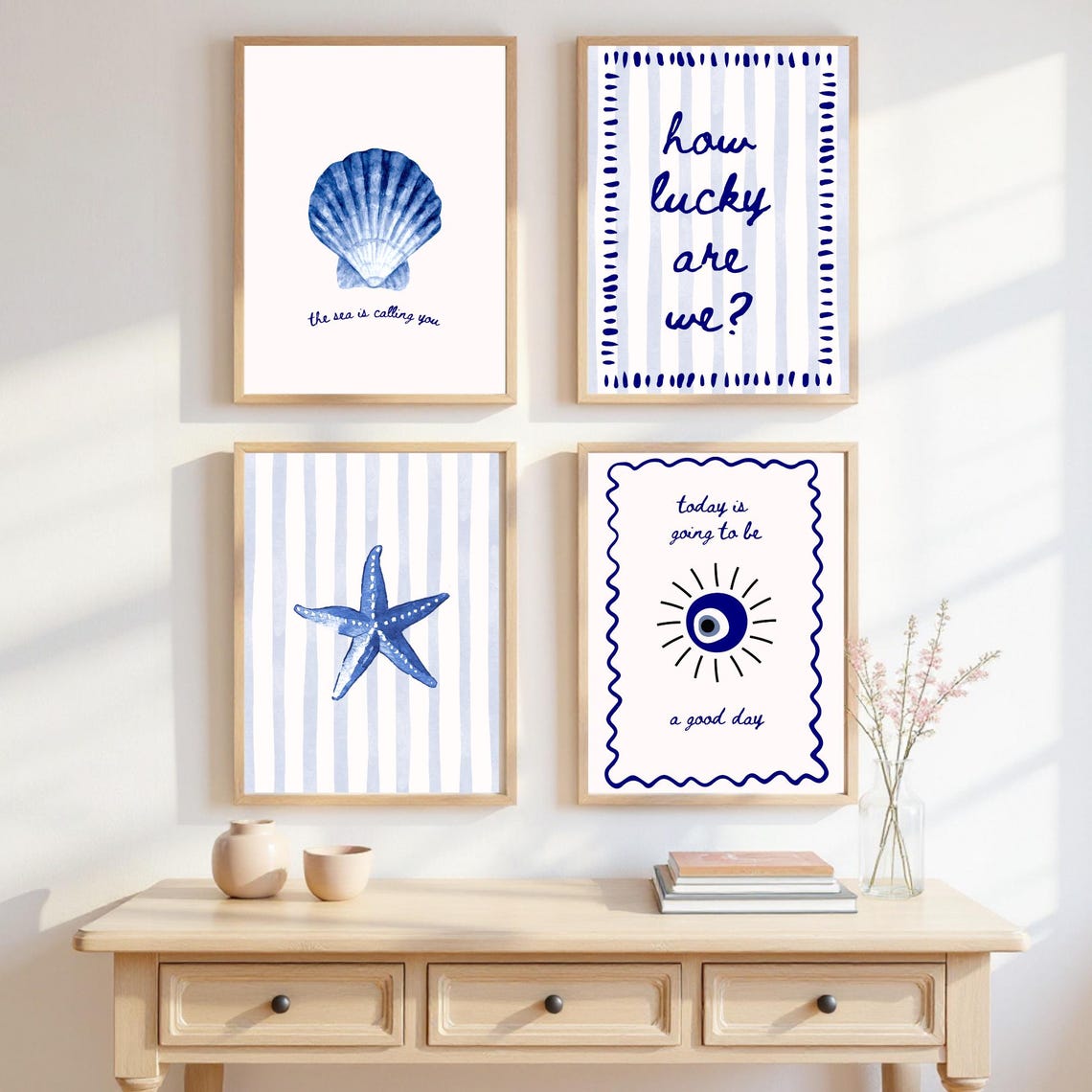 Navy Blue Coastal Wall Art Set of 6 Nautical Digital Prints Blue Beach ...
