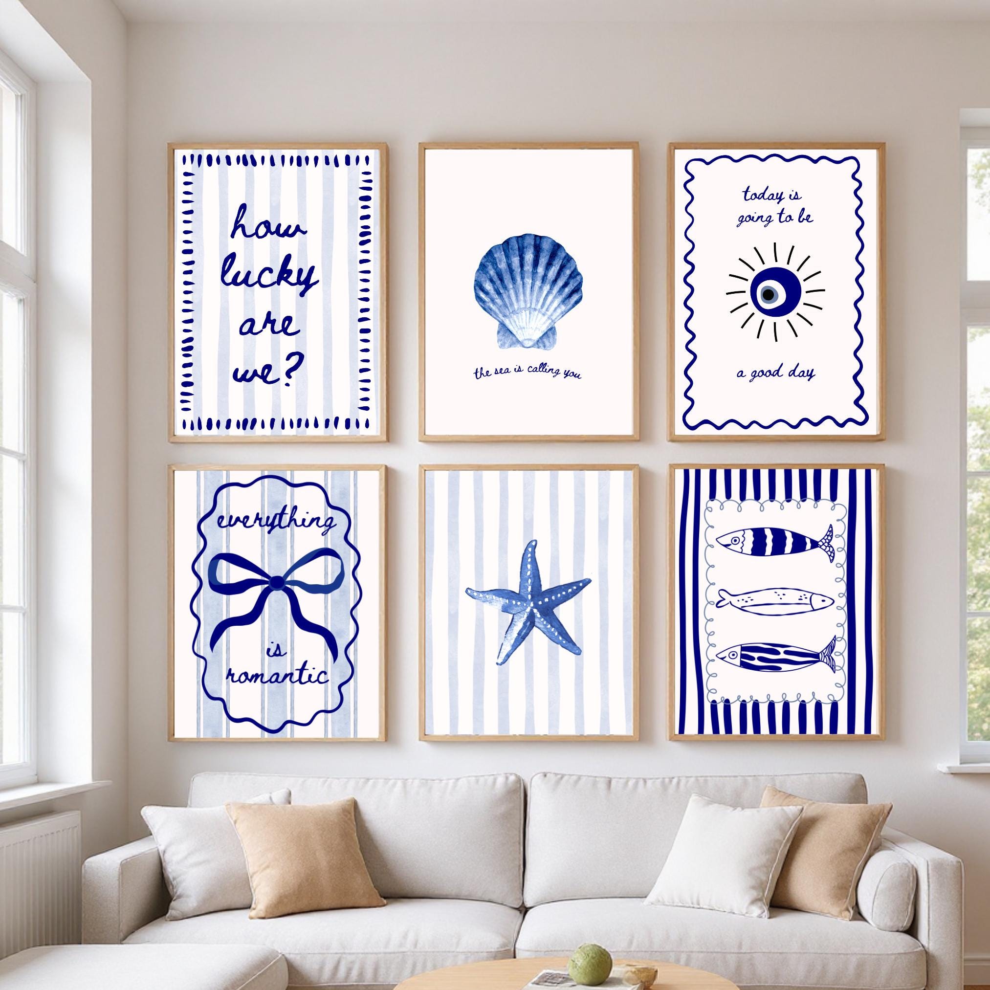 Navy Blue Coastal Wall Art Set of 6 Nautical Digital Prints Blue Beach ...