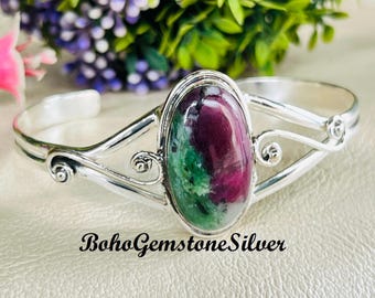 Pulsera de rubí y zoisita, joyería de piedras preciosas naturales, hecha a mano en plata de ley 925.