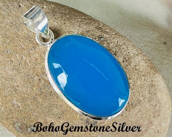 Pendentif calcédoine bleue fait main en argent sterling 925, bijoux bohèmes en pierres précieuses, bijoux de guérison