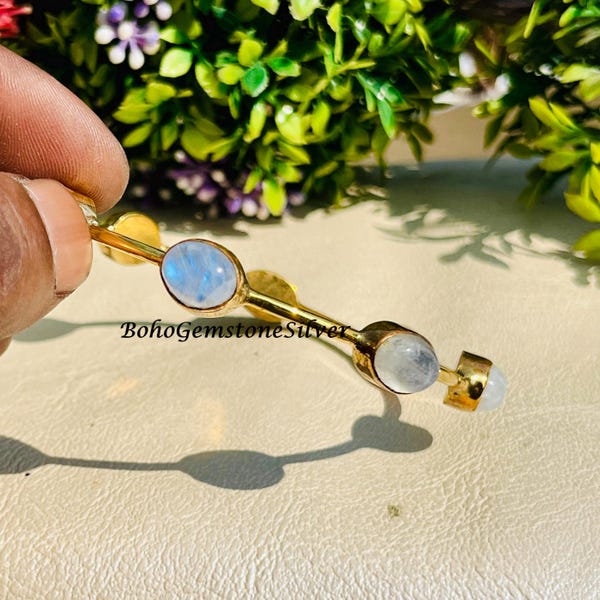 Gold Plated Rainbow Moonstone Bangle Sterling Silver Handmade Gemstone Jewelry