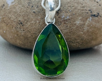 Peridot Pendant Green Gemstone Necklace Boho Handmade Sterling Silver Pendant