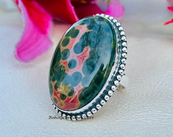 Natural Ocean Jasper Ring | Statement Handmade 925 Sterling Silver Ring Green Brown Gemstone Jewelry