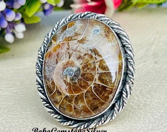 Anello in argento sterling con fossile di ammonite naturale, gioielli fossili Boho Statement