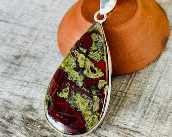 Dragon Blood Jasper Pendant Healing Jewelry Green Red Gemstone Necklace Boho Statement Pendant