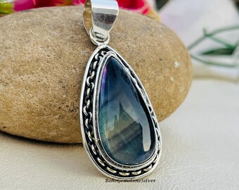Natural Fluorite Pendant Handmade Sterling Silver Necklace Fluorite Gemstone Jewelry
