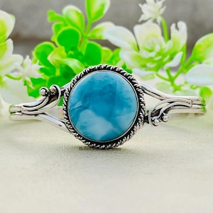Natural Larimar Bangle 925 Sterling Silver Handmade Cuff Ocean Blue Gemstone Boho Statement Jewelry