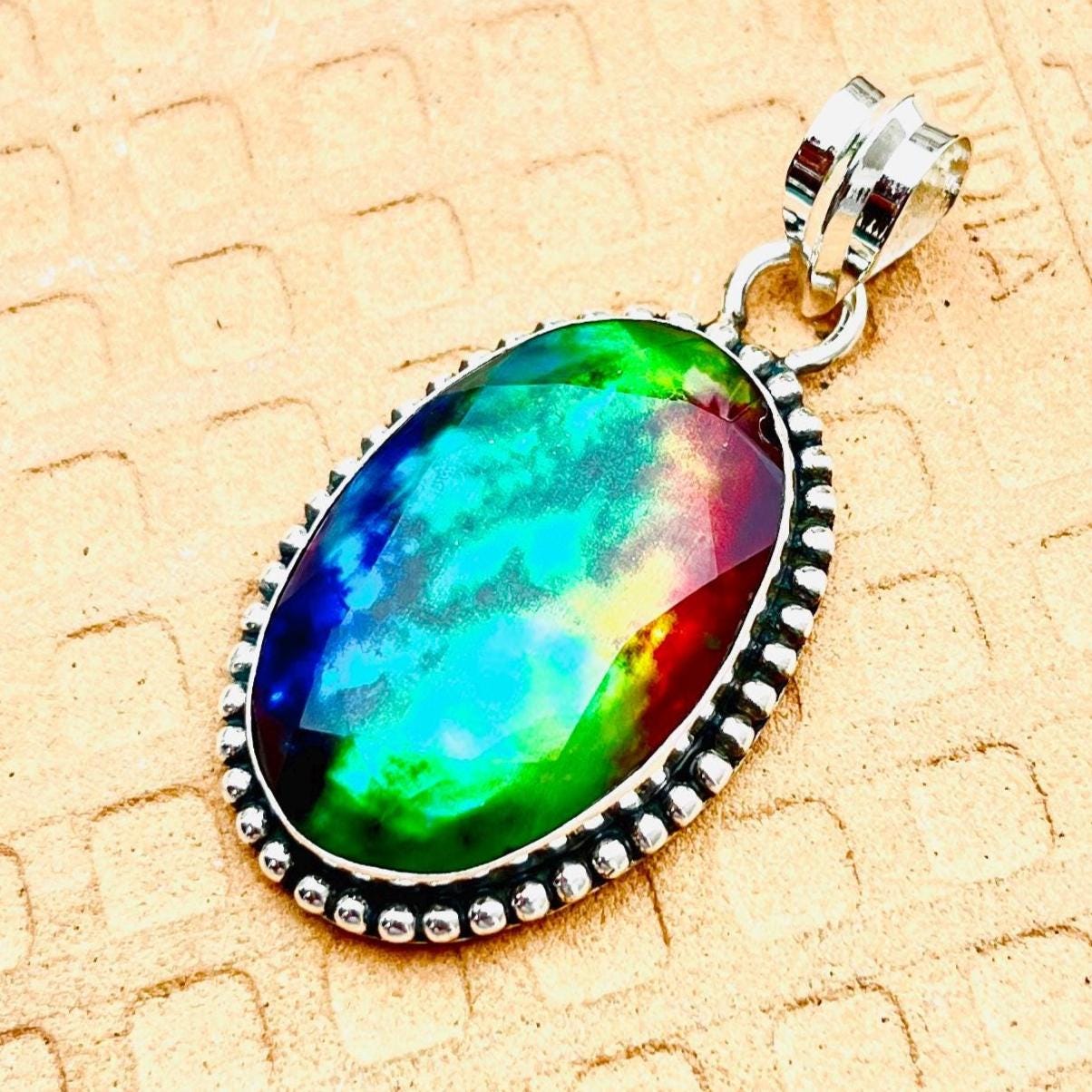 Iridescent Ammolite Fossil Pendant: Sterling Silver Necklace
