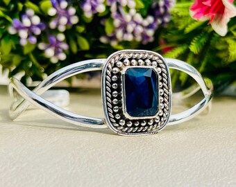 Natural Blue Tanzanite Gemstone Bangle 925 Sterling Silver Handmade Adjustable Cuff Healing Jewelry