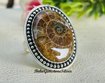 アンモナイトシェルリング：手作りのスターリングシルバーのオーシャン