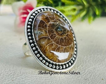 Anello in argento sterling con fossile di ammonite, conchiglia naturale, gioielli fossili Boho