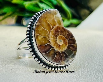 Natural Ammonite Fossil Ring Sterling Silver Handmade Gemstone Jewelry