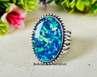 Australian Triplet Opal Ring 925 Sterling Silver Handmade Blue Green Gemstone Jewelry