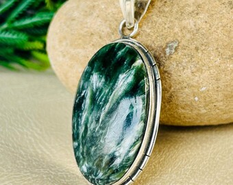 Natürliche Seraphinit Anhänger Handgemachte 925 Sterling Silber Grün Engel Flügel Edelstein Halskette