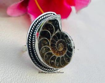 Anello con fossile di ammonite in argento sterling, conchiglia naturale, fatto a mano, gioielli con pietre preziose Boho