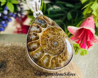 Ammonit Fossil Anhänger Natürliche Edelstein Schmuck Handgemachte Sterling Silber Halskette