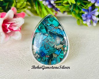Copper Azurite Malachite Gemstone Ring Handmade 925 Sterling Silver Boho Statement Jewelry