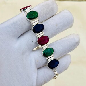 Ruby, Sapphire, Emerald Bracelet 925 Sterling Silver Handmade Natural Colorful Gemstone Boho Statement Jewelry