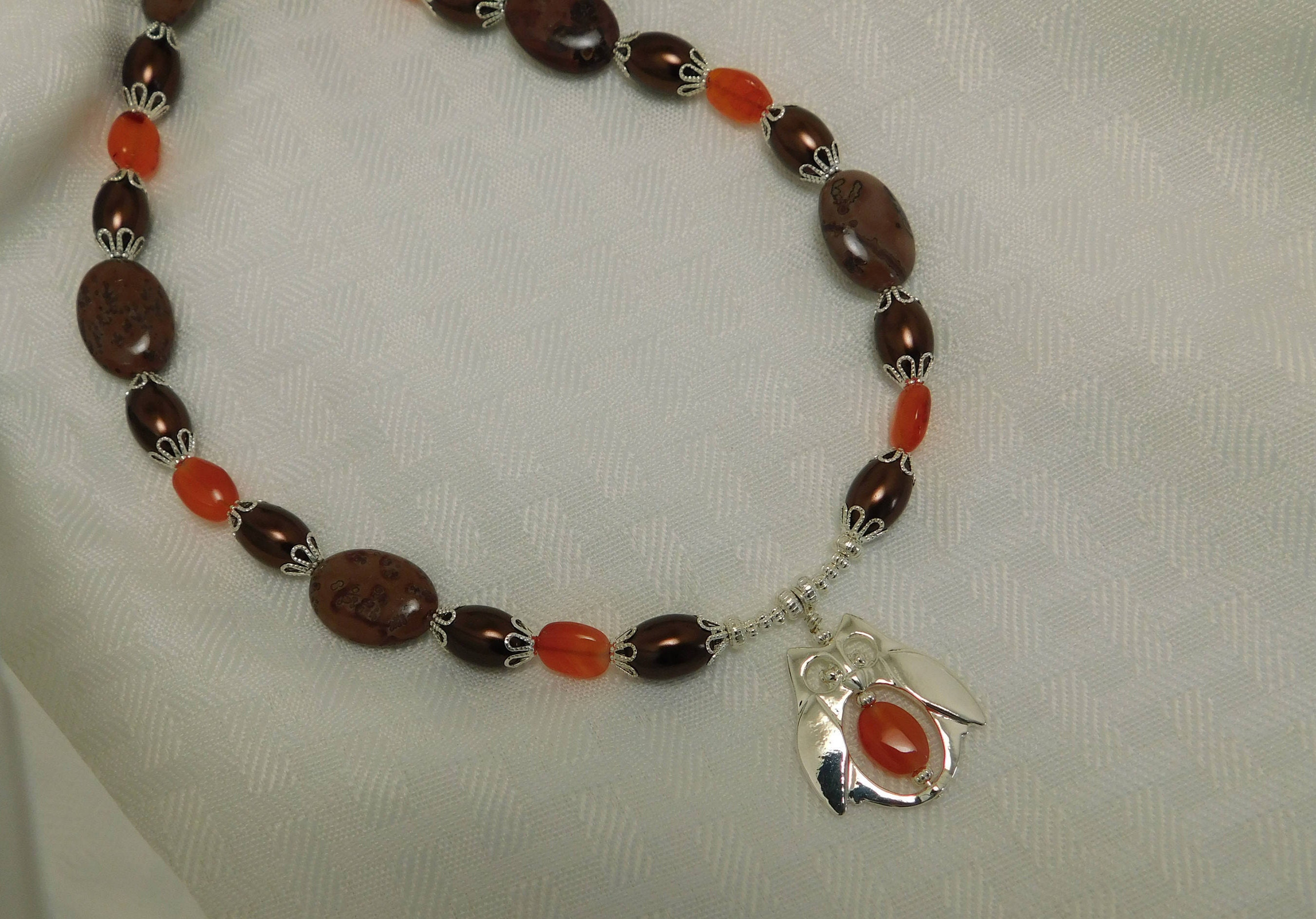 Brown and Orange Owl beaded Necklace