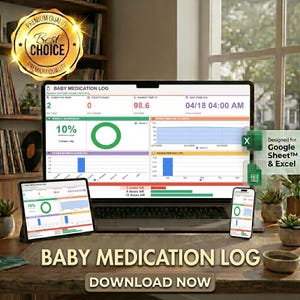 Può includere: Un laptop, un tablet e uno smartphone visualizzano un'interfaccia "Baby Medication Log". Gli schermi mostrano grafici e visualizzazioni di dati, tra cui l'aderenza settimanale e le dosi. L'immagine include il testo "Download Now" e un sigillo "Best Choice".