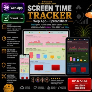 Peut inclure: Image promotionnelle d'une application de suivi du temps d'écran, affichée sur une tablette, un téléphone et un ordinateur. L'interface de l'application montre des graphiques colorés. Le texte comprend "Screen Time Tracker", "Open & Use" et "No Setup Required".