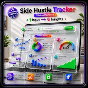May include: A digital dashboard interface for a side hustle tracker, displaying key insights. The screen shows charts and graphs for income, sources, hourly rate, and tax fund progress. The interface includes the text "Side Hustle Tracker" and "Web App Dashboard".
