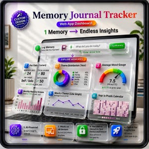 May include: A digital memory journal tracker displayed on a laptop screen. The interface includes charts, graphs, and text labels such as "Explore Memories," "Mood x Theme," and "Year in Pixels Calendar." The design features a custom design logo.