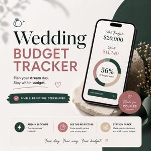 May include: A smartphone displays a wedding budget tracker app with a total budget of $20,000 and 56% of the budget used. The app promises to help users plan their dream day and stay within budget. The text reads "Made for COUPLES."