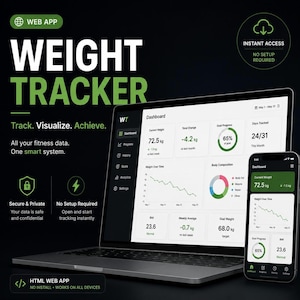 May include: A laptop and smartphone display a weight tracker app interface. The app shows weight, progress, and body composition data. Text includes "Weight Tracker," "Track. Visualize. Achieve." and "All your fitness data. One smart system."