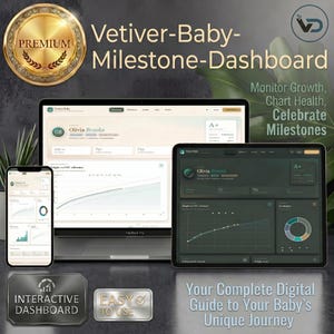 Peut inclure: Tableau de bord numérique, Vetiver-Baby-Milestone-Dashboard, affiché sur un ordinateur portable, une tablette et un smartphone. L'interface affiche des graphiques de croissance et des étapes importantes pour bébé. Le texte comprend "Surveiller la croissance, suivre la santé, célébrer les étapes".