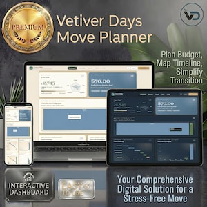 May include: A digital move planner displayed on a laptop, tablet, and smartphone. The screens show financial data and a timeline. Text includes "Vetiver Days Move Planner," "Plan Budget, Map Timeline, Simplify Transition," and "Interactive Dashboard."
